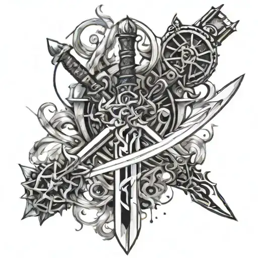 Incorporate A Detailed Sword Design Intertwined With Intricate Welding Tools And Sparks