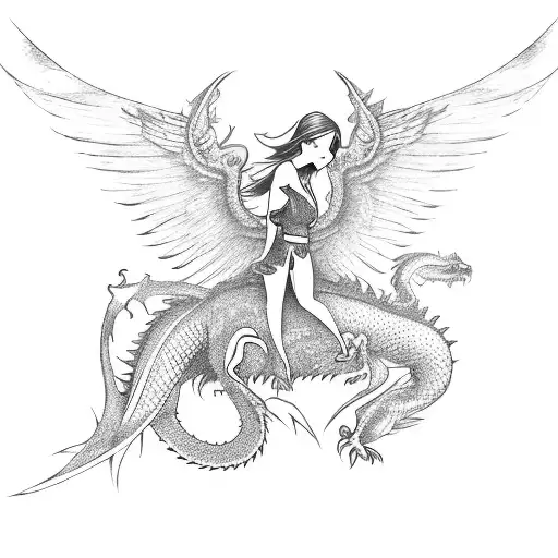 Woman With Wings And An Arc Fights Aigaint A Dragon