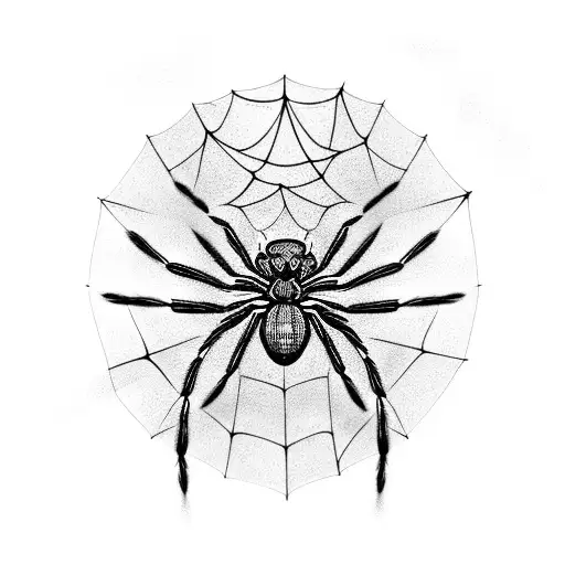 A Blackwork Design Of A Spider Weaving A Web With Intricate Patterns And Hidden Symbols