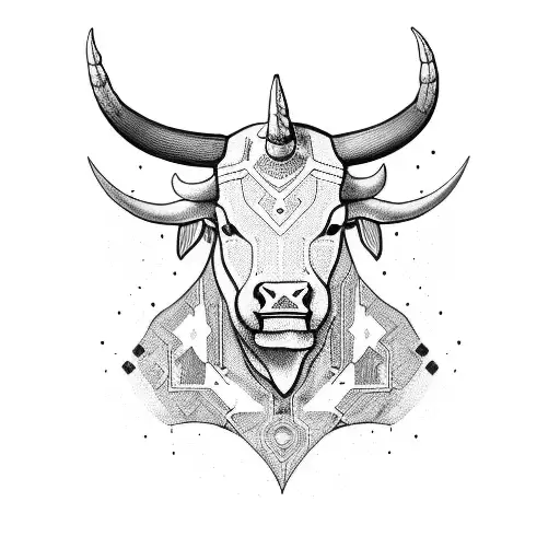 A Blackwork Tattoo Of A Bull With Binary Code Horns
