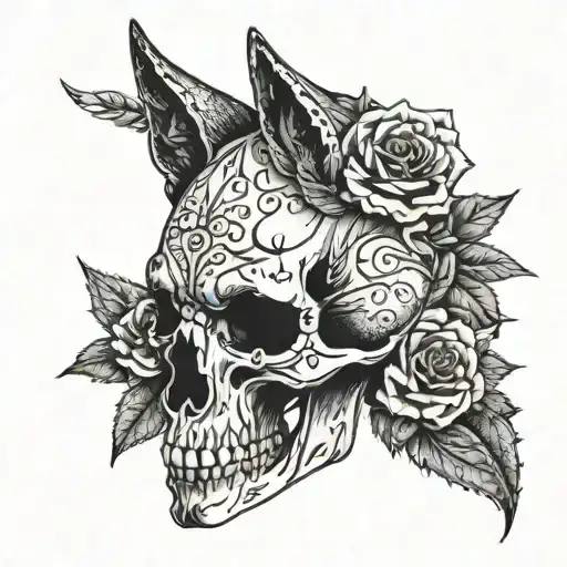 Half Wold Head And Half Wolf Skull With Black Roses