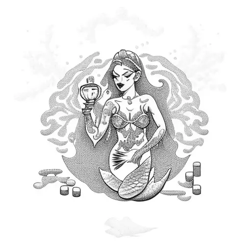 Mermaid Holding A Candle In Her Left Hand As She Looks Around A Room Full Of Diamonds And Pills