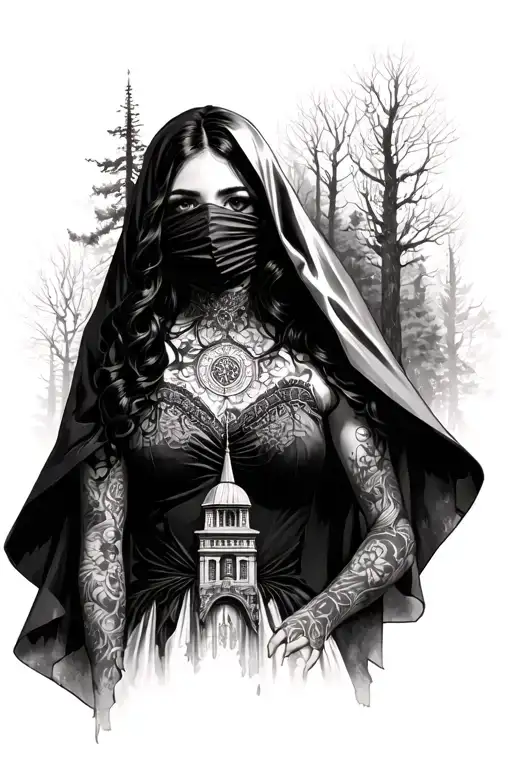 Dark And Trash Gothic Inspired Lady With A Cape Covering Her Face With Architecture And Forest