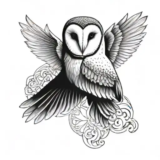 Barn Owl With Both Wings Spread In A Patterned Background