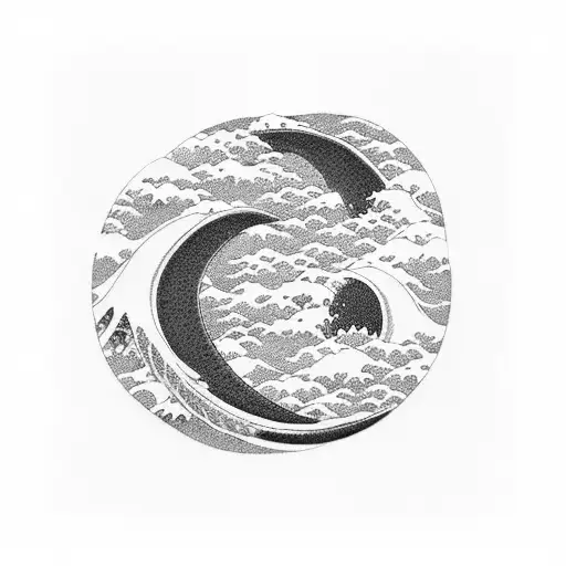 Half-moon Wave Frame Hokusai And Angry Black Dragon