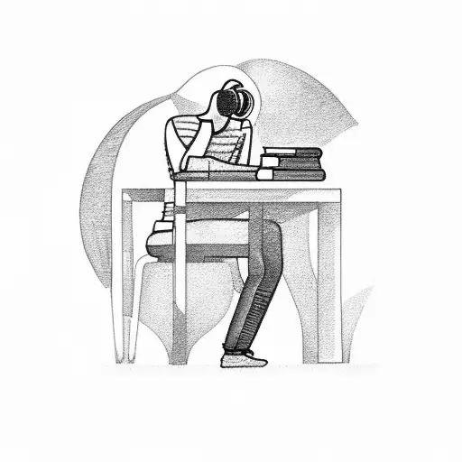 A Black-grey Sketch Of A Student Sitting Alone With A Book And Headphones