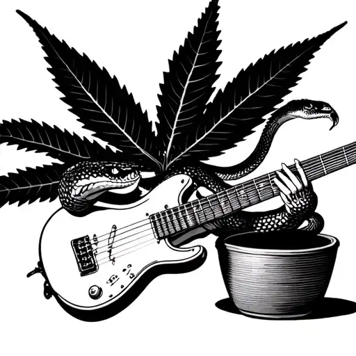 Snake With Mouth Open Playing A Guitar In Front Of A Pot Leaf
