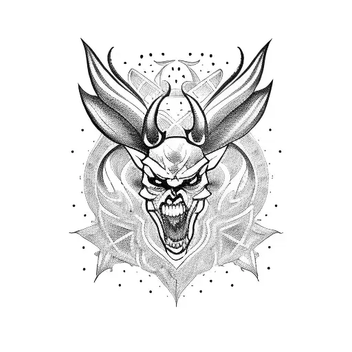 A Dark And Mysterious Tattoo Of Satan Surrounded By Guitars And Money In A Blackwork Style