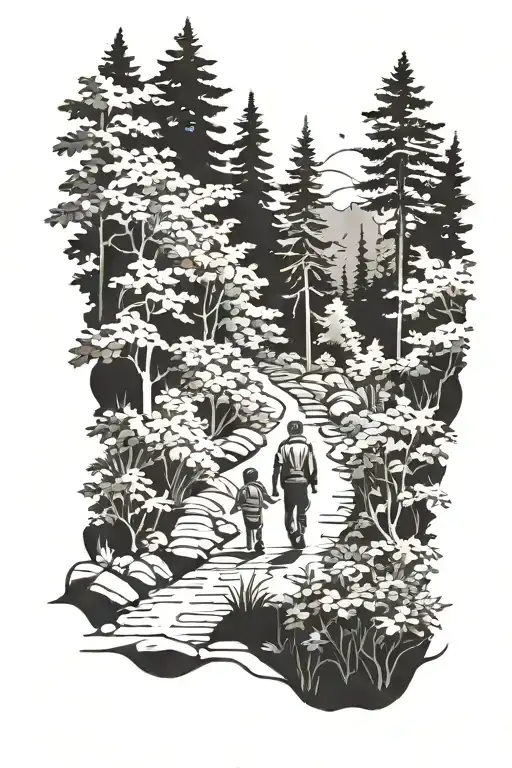 Father And Child Walking Down A Trail Winding Through A Forest