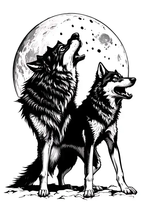 A Wolf Howling At The Moon With A Wolf Snarling And Standing Over A Wolf Pup