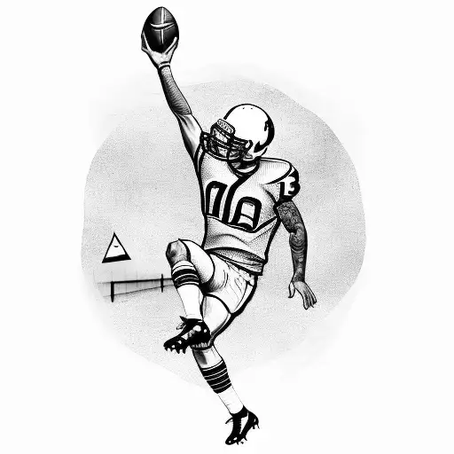 A Detailed Blackwork Tattoo Of A Football Player Scoring A Goal With The Wba Logo In The Background