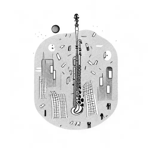 A Saxophone Player Surrounded By Musical Notes And A City Skyline In The Background