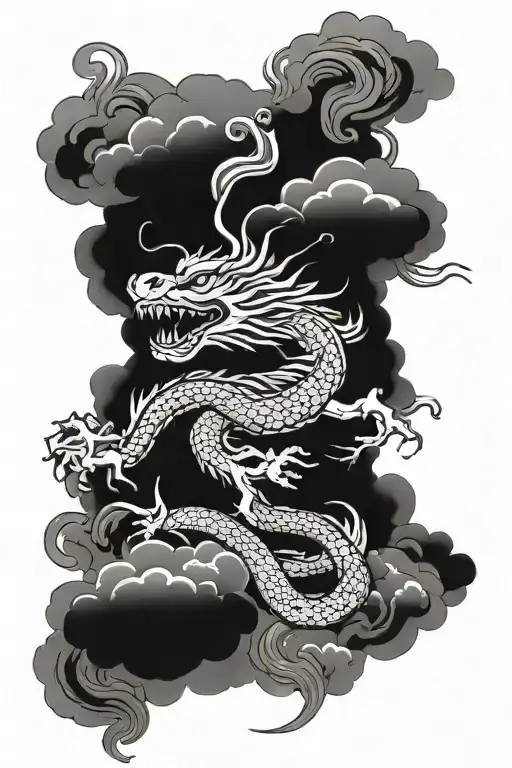 Japanese Dragon Descending From Japanese Clouds