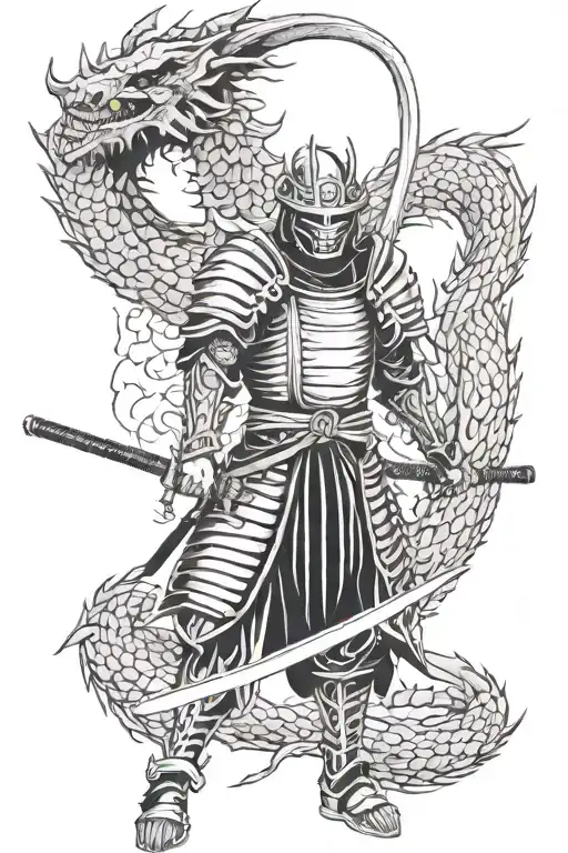 Skeleton Samurai That Is Covered In Armour With A Katana Surrounded By A Dragon