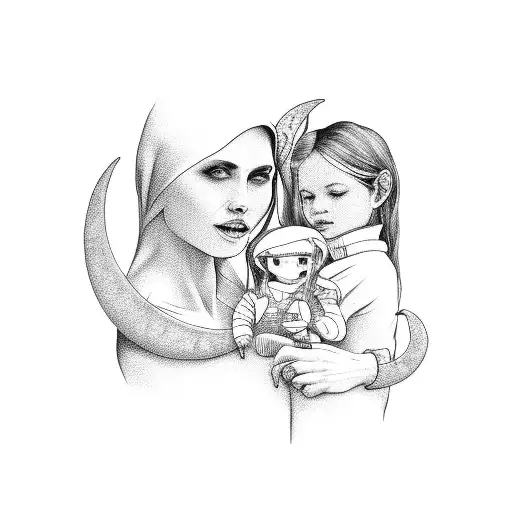 Crescent Moon With Girl And Mother Sitting On It