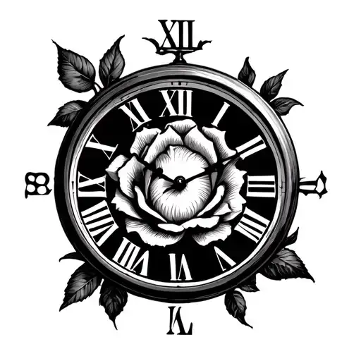Clock With Roman Numbers And A Rose In The Needles