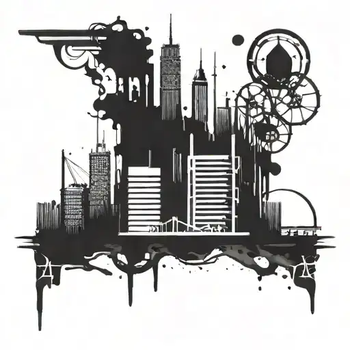 Abstract Cityscape Made Of Coffee Stains And Engineering Symbols