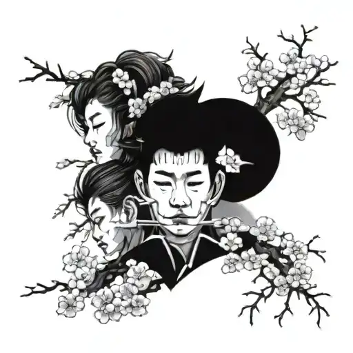 Three Japanese Faces One On Top Of The Other With Sakura Tree
