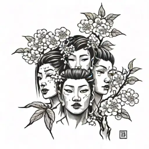 Three Japanese Faces With Sakura Tree