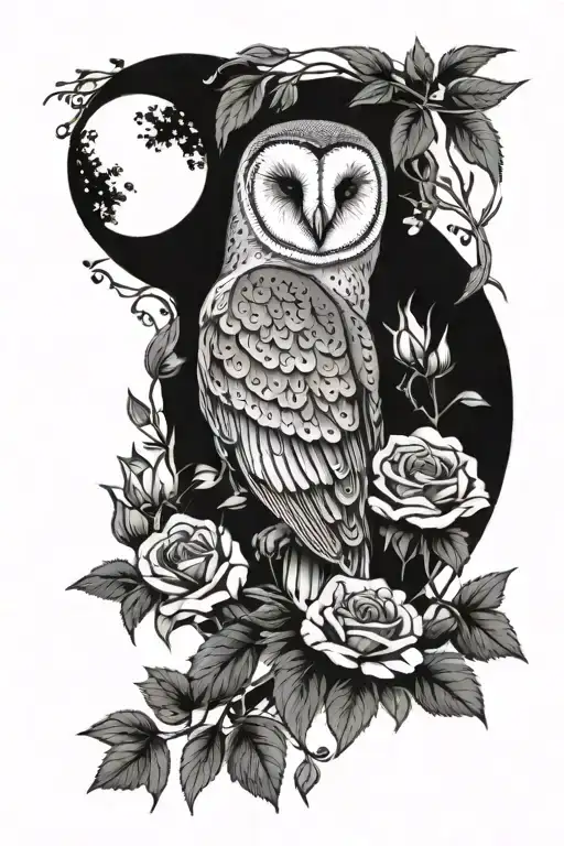 Barn Owl With Moon And Roses