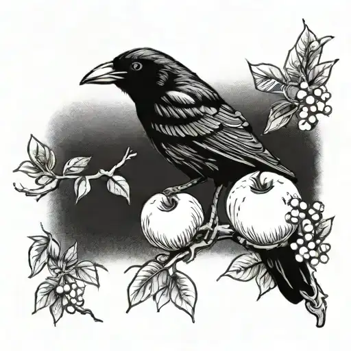 Single Crow Perched In Apple Branches Feminine