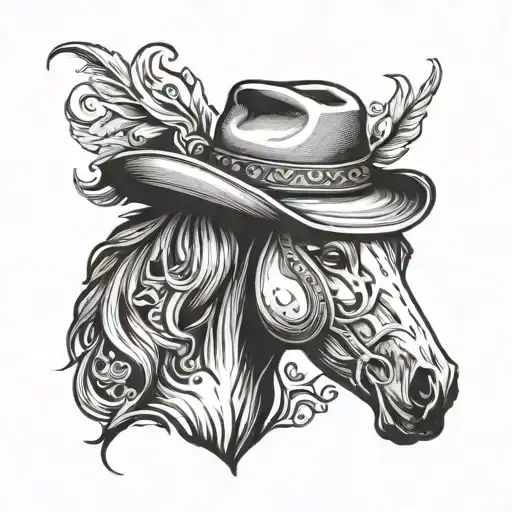 A Black-grey Silhouette Of A Cowboy Hat With A Horse's Head Inside