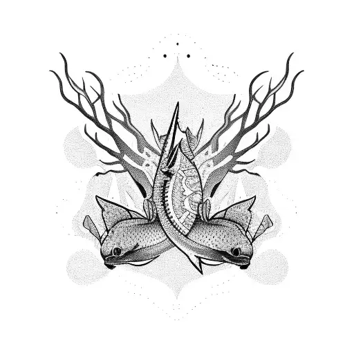 An Abstract Blackwork Design Incorporating Elements Of The Outdoors And A Sturgeon