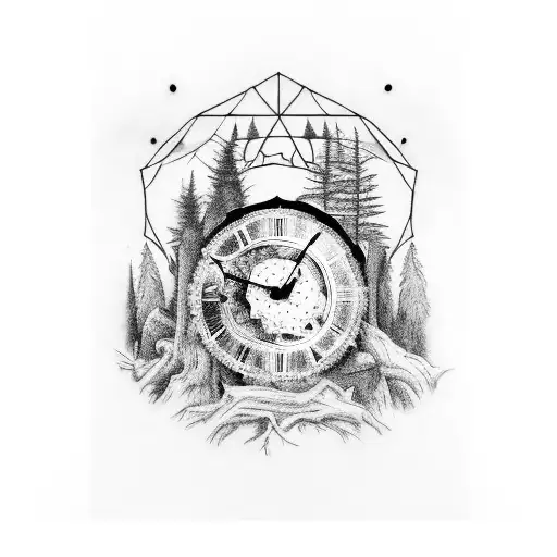 Forest And Above The Forest There Is An Owl And Between Them A Broken Roman Clock