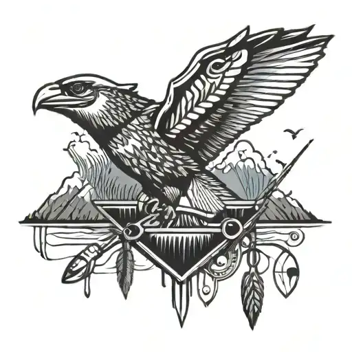 A Tattoo Featuring A Military Badge Surrounded By Fishing Lures And Mountain Scenery