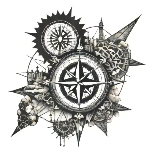 A Compass Rose Intertwined With Famous Landmarks From Around The World