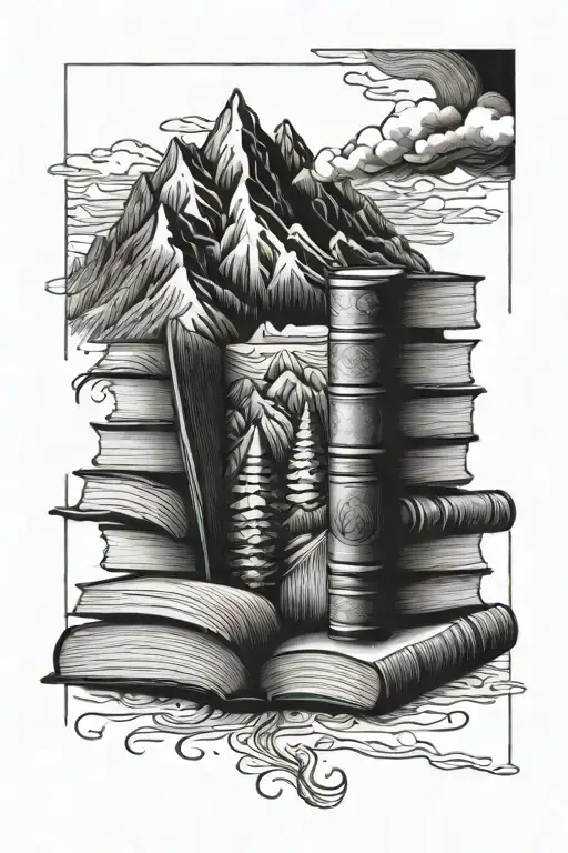A Stack Of Books With Intricate Details And A Mountain Range In The Background