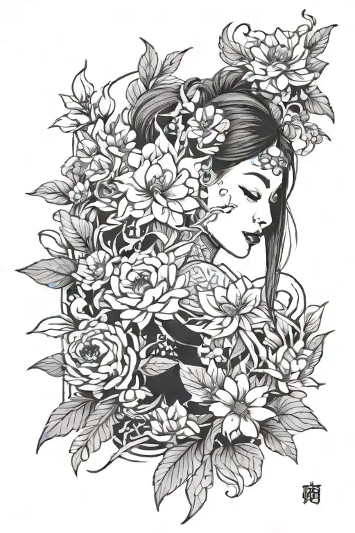 Asian Women With Tattoo And Flowers Surrounding