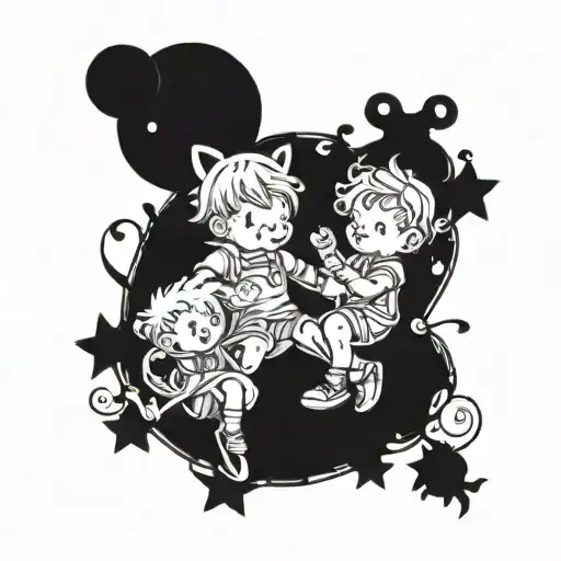 A Whimsical Tattoo Design Featuring Children Playing With Their Favorite Toys In A Blackwork Style