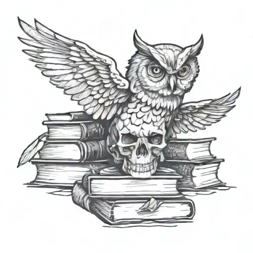 An Aggressive Owl With Open Wings That Sits On Top Of A Human Skull Which Stands On Top Of Books