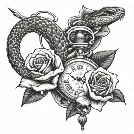Snake Entangling Two Roses And A Pocket Watch