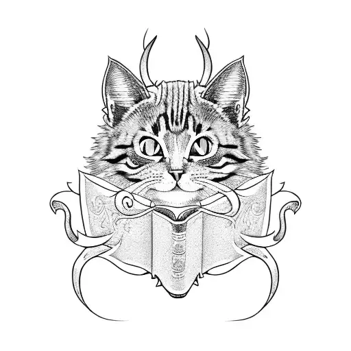 Hissing Cat With Three Eyes And Horns Holding Book