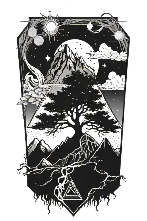 Tree With Roots With Mountain Background Inside Of Triangle And Outerspace Inside Of Triangle