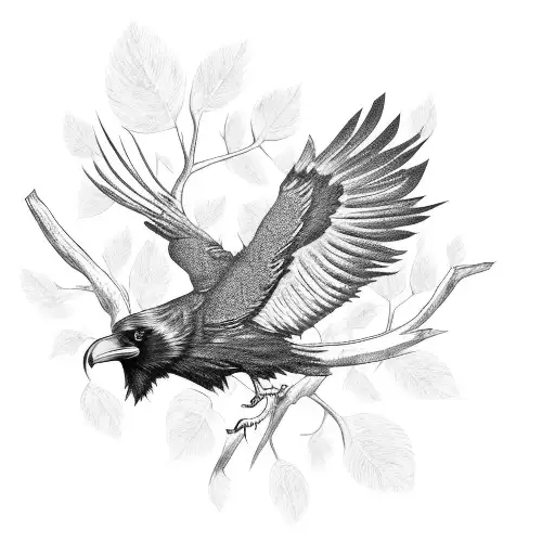 A Majestic Raven Perched On A Branch With Intricate Feather Details