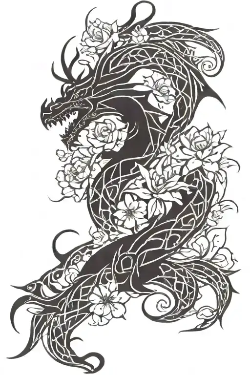 A Tribal-inspired Dragon Intertwined With Flowers And Jesus Imagery