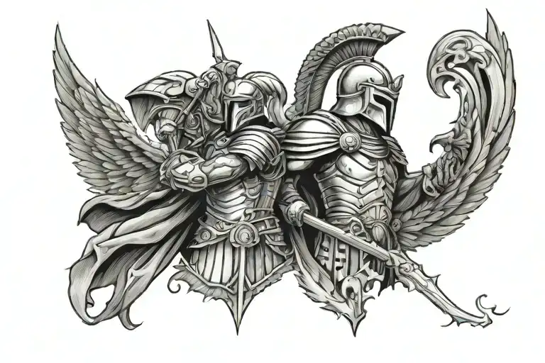 Make A Tattoo Only The Head Of An Spartan Warrior Looking Left And Archangel Michael Looking Right