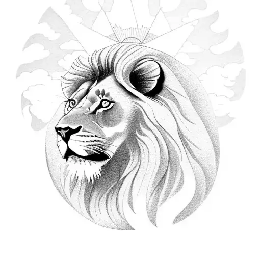 Lion And Clouds With Sun Rays And Trees At Bottom