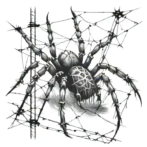 A Gothic Cybersigilism Spider Crawling On A Straight Barbed Wire Fence