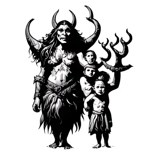Viking Troll Mother With Three Children