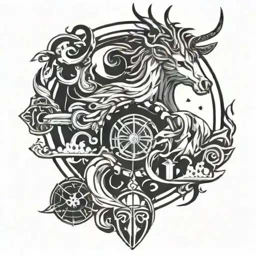A Fusion Tattoo Combining Elements Of Norse Mythology And Video Game Characters