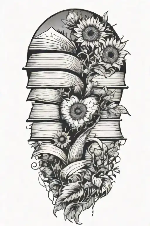 Mountains In A Human Heart With A Book Stack Waterfall And Sunflowers