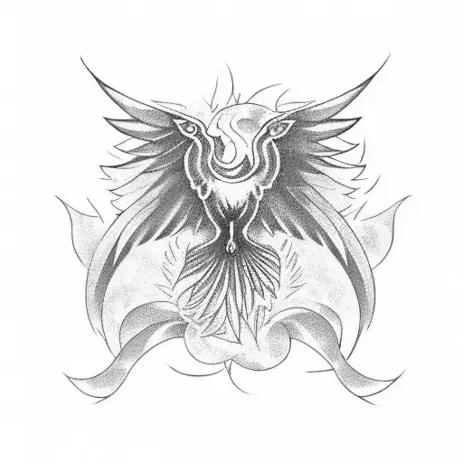 Phoenix With Horizantal Wide Open Wings And Flames And Ashes At The End Of Its Tail