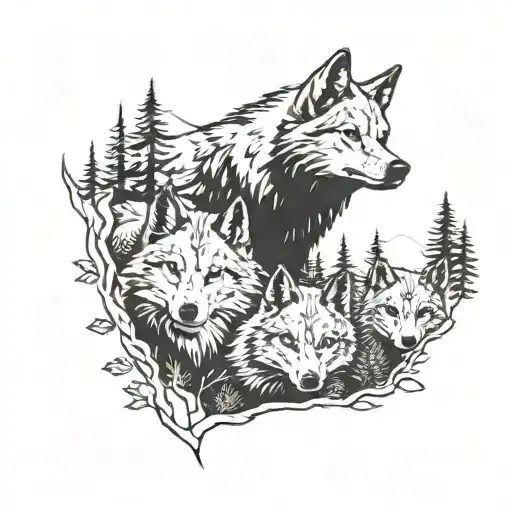 Big Wolf Head With Two Wolf Cubs And A Forest In The Background