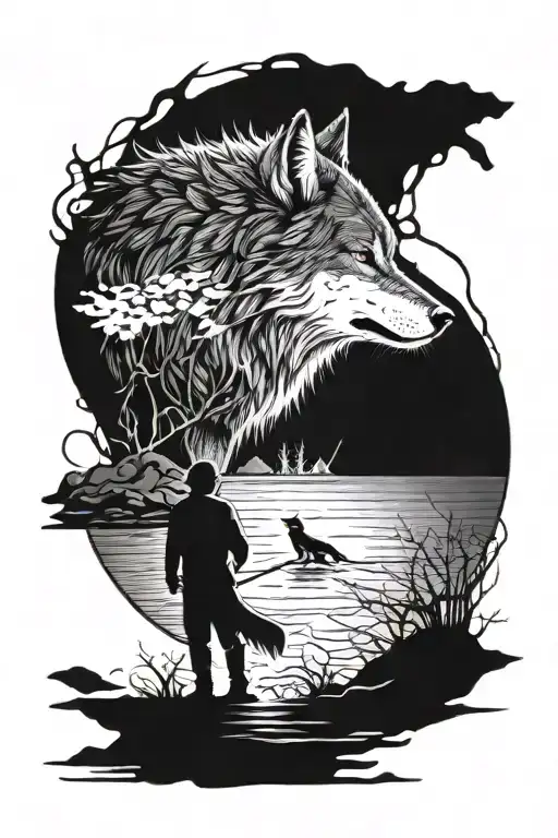 A Wolf With A Fisherman On A Bank
