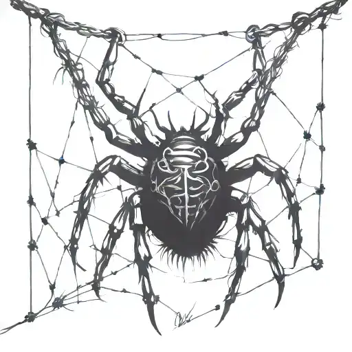 A Gothic Cybersigilism Spider Hanging From A Barbed Wire Fence