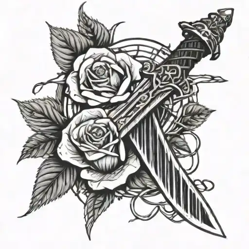 Sword Surrounded By Barbed Wire And 3 Roses